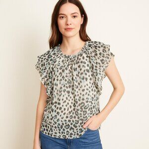LOFT Ruffle Sleeve Animal Print Blouse  – Chic Metallic Detail Top Size L